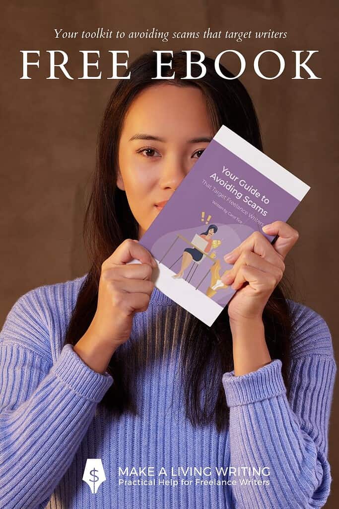 Woman holding an ebook that is available as a free download on this blog post. Helps people avoid the top 10 scams that target writers.