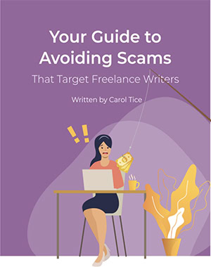 Woman holding an ebook that is available as a free download on this blog post. Helps people avoid the top 10 scams that target writers.